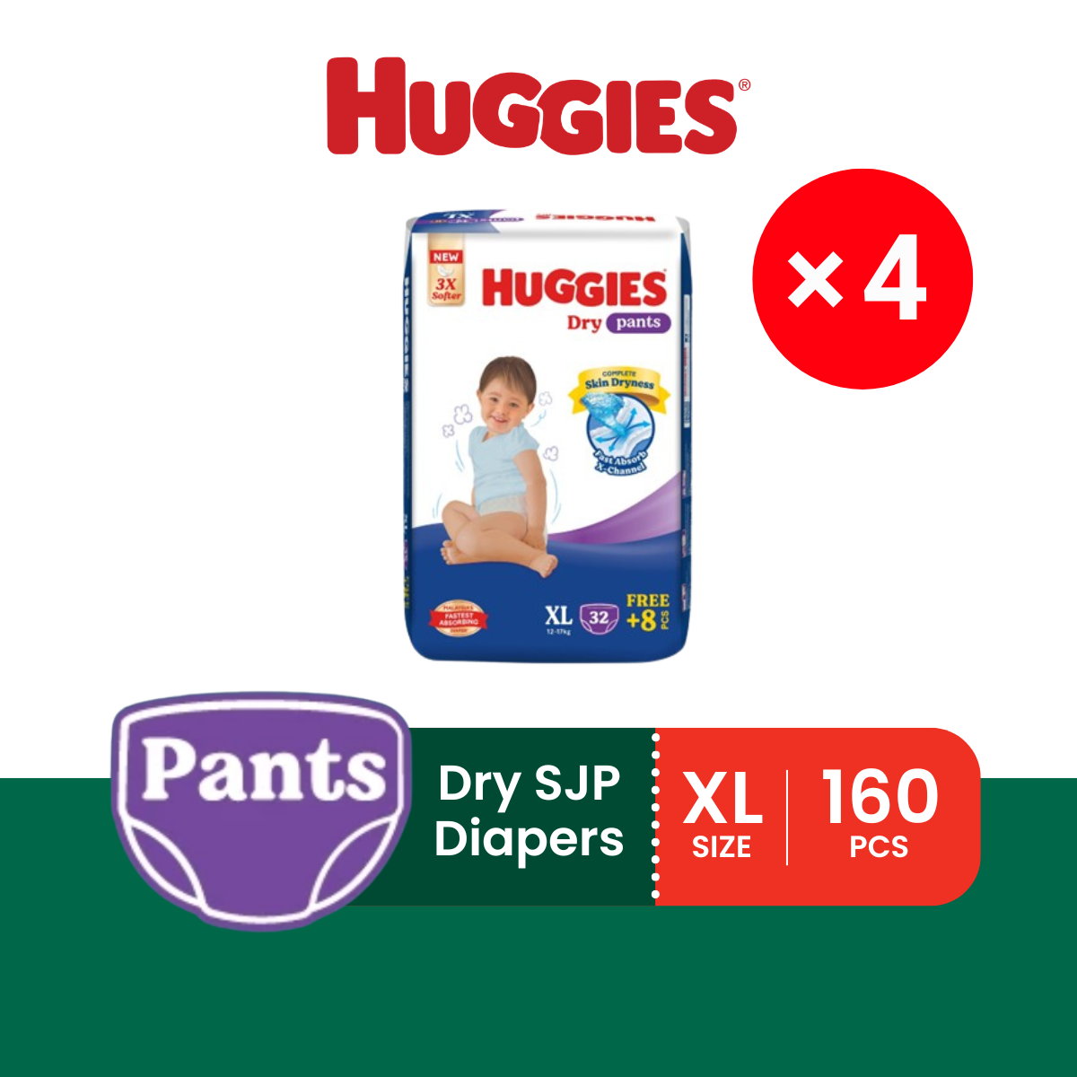 [Carton] HUGGIES Dry Super Jumbo Pack Diapers - Pants × 4 (S64s / M58s / L48s / XL40s / XXL34s)
