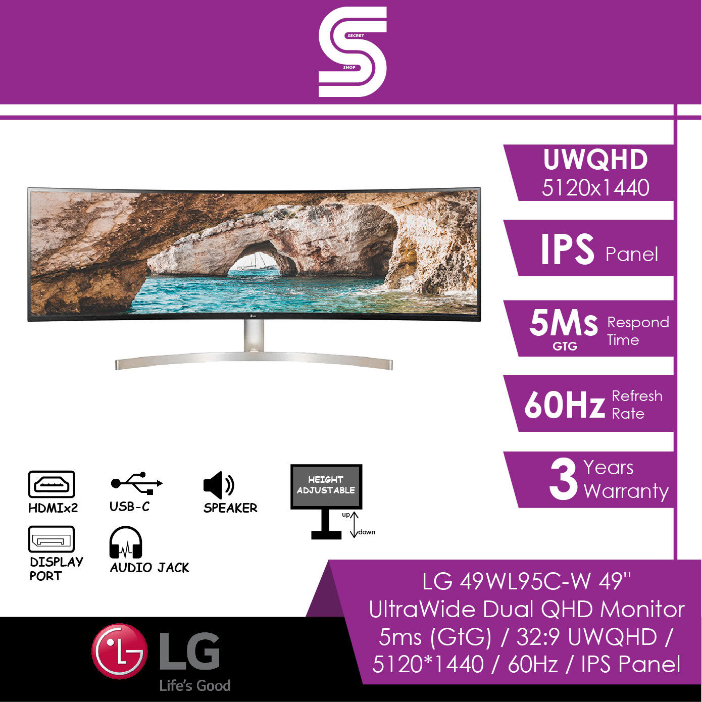 LG UltraWide 49WL95C-W 49" Dual QHD Monitor - 5ms/UWQHD 5120 x 1440/60Hz/IPS Panel/HDMI/DP/USB-C/Audio Jack/Speaker/Height Adjustable