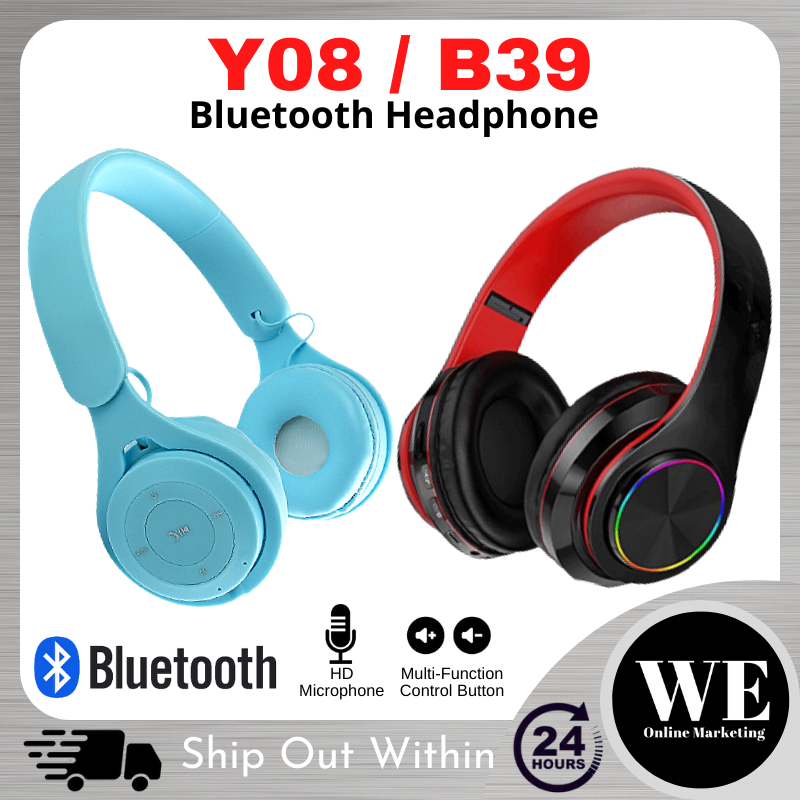 (Ready Stock) Wireless Bluetooth Headphone - B39 Y08 Wireless Headset Over-Ear Stereo Earfon Handsfree Headfon Hifi Sport Super Bass with Mic Foldable Colourful Android iOS Macaron