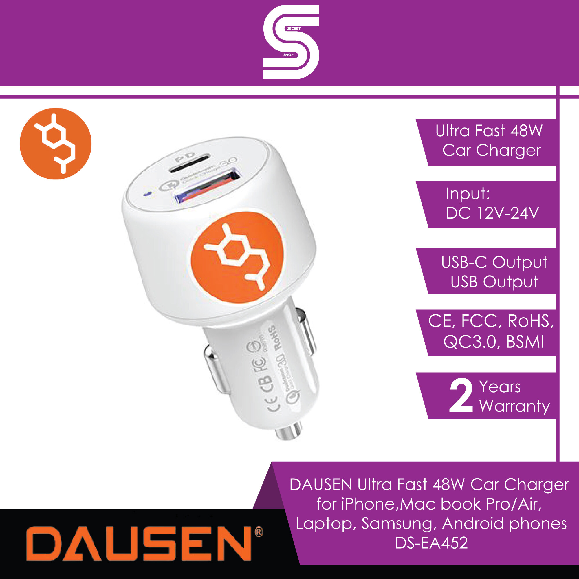 DAUSEN Ultra Fast 48W Car Charger for Mbook Pro/Air, Laptop, Samsung, Android phones