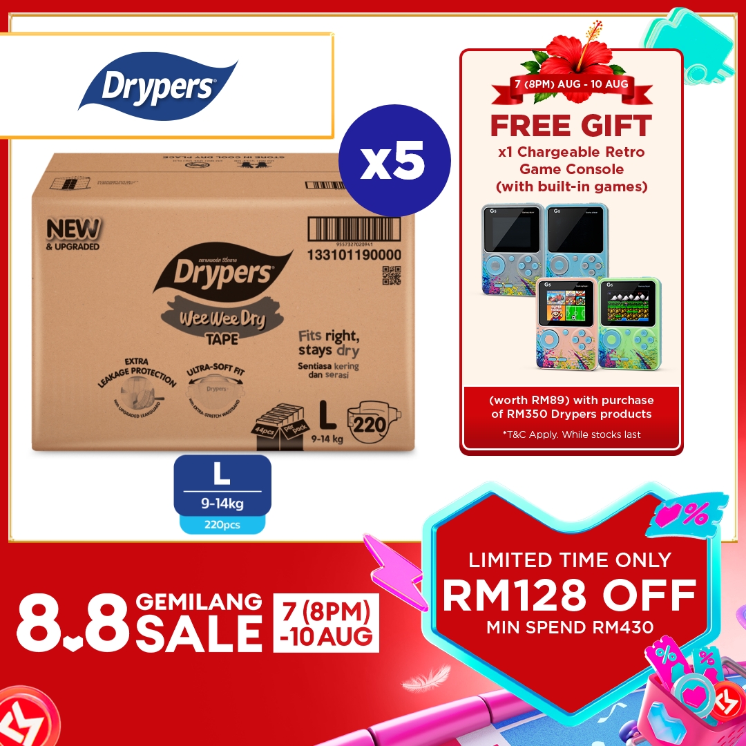 [NEW & UPGRADED] Drypers Wee Wee Dry Baby Tape Diapers M52/ L44/ XL36/ XXL32s (5 Packs) - Super Dry Soft & Fit