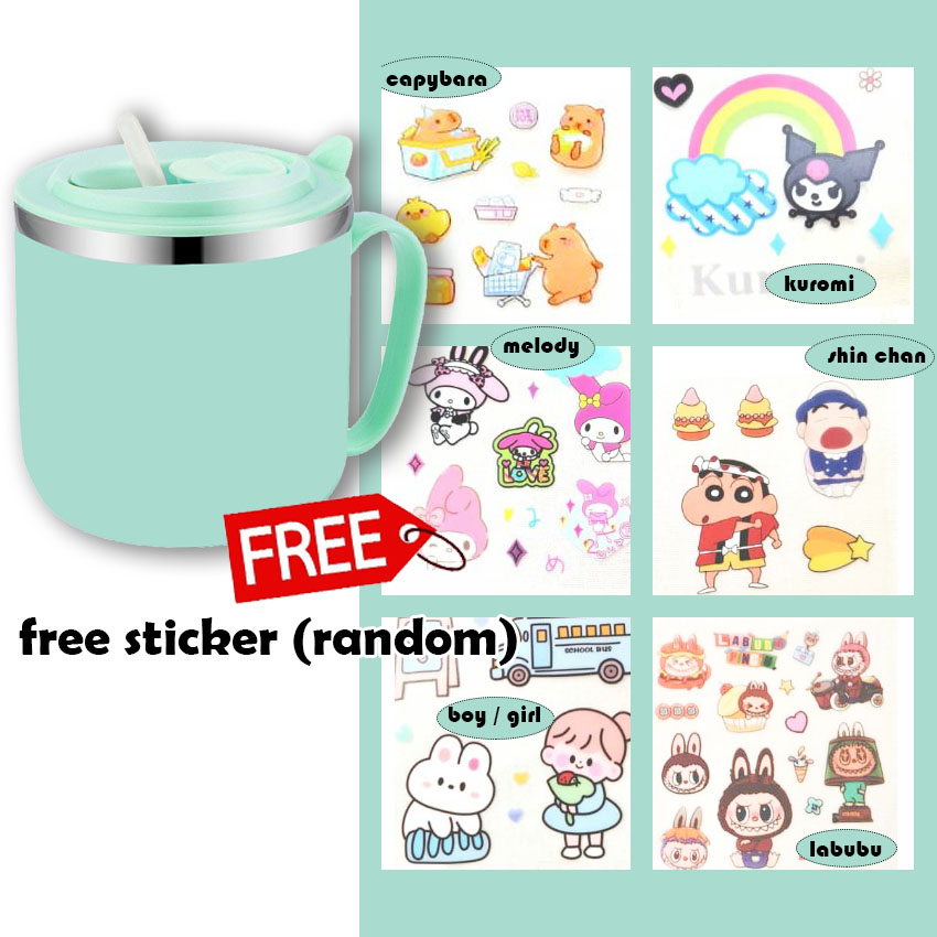 250ml Children stainless steel mug Cartoon Kuromi Melody Kitty Cinnamoroll Totoro Doraemon Shin Chan Capybara Cawan kanak Kids mug comel kartun