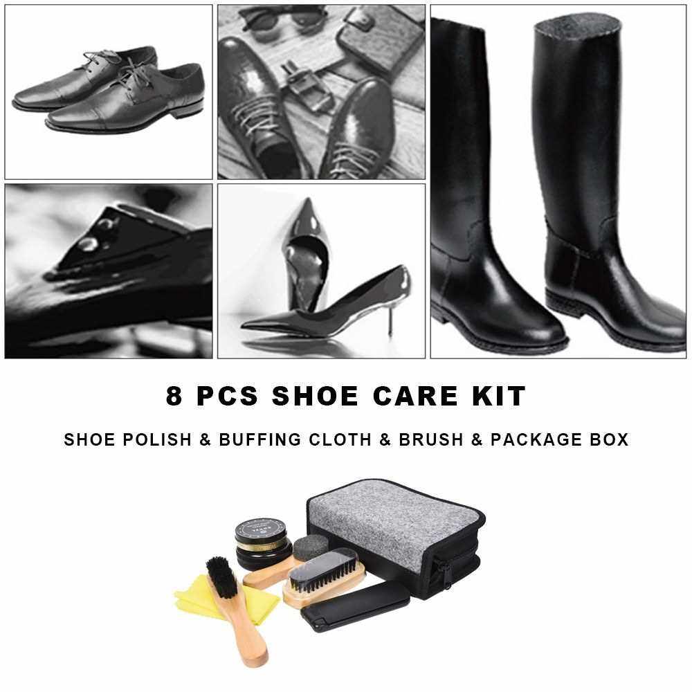 8-In-1 Kit Shoe Care Set Portable Shoe Polish Wooden Handle Brush Spong Brush Buffing Cloth Home Travel Set (Grey)