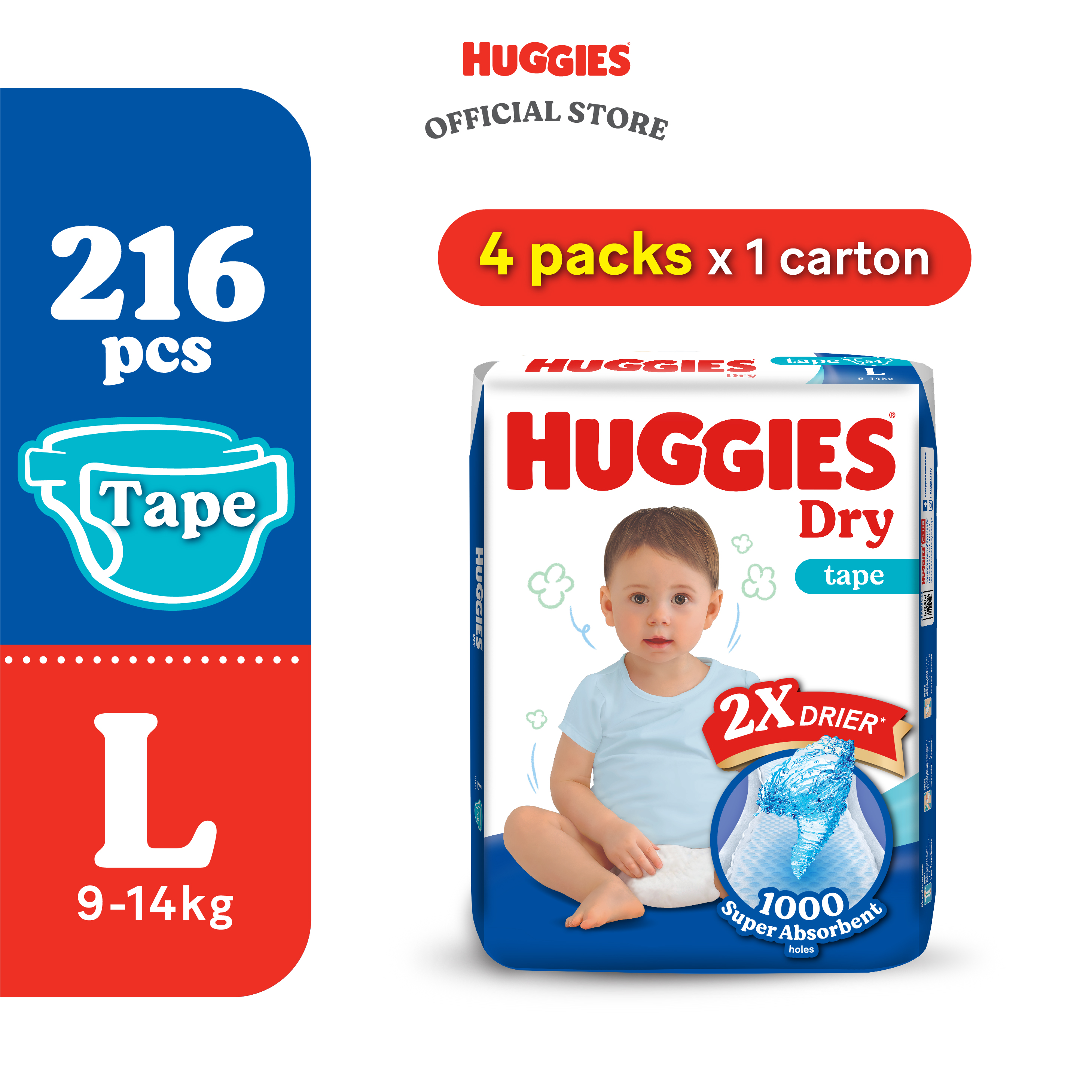 Huggies Dry Tape Diapers L54 (4 packs) - Fastest Absorbing Baby Diaper