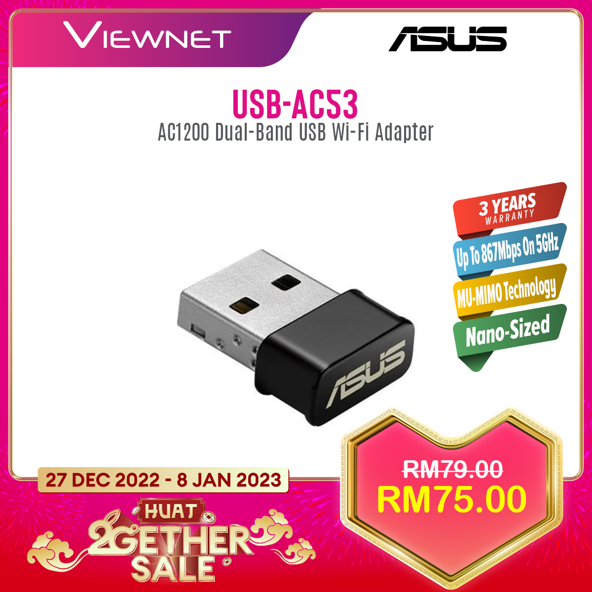 ASUS USB-AC53 NANO AC1200 Dual-band USB Wi-Fi Adapter