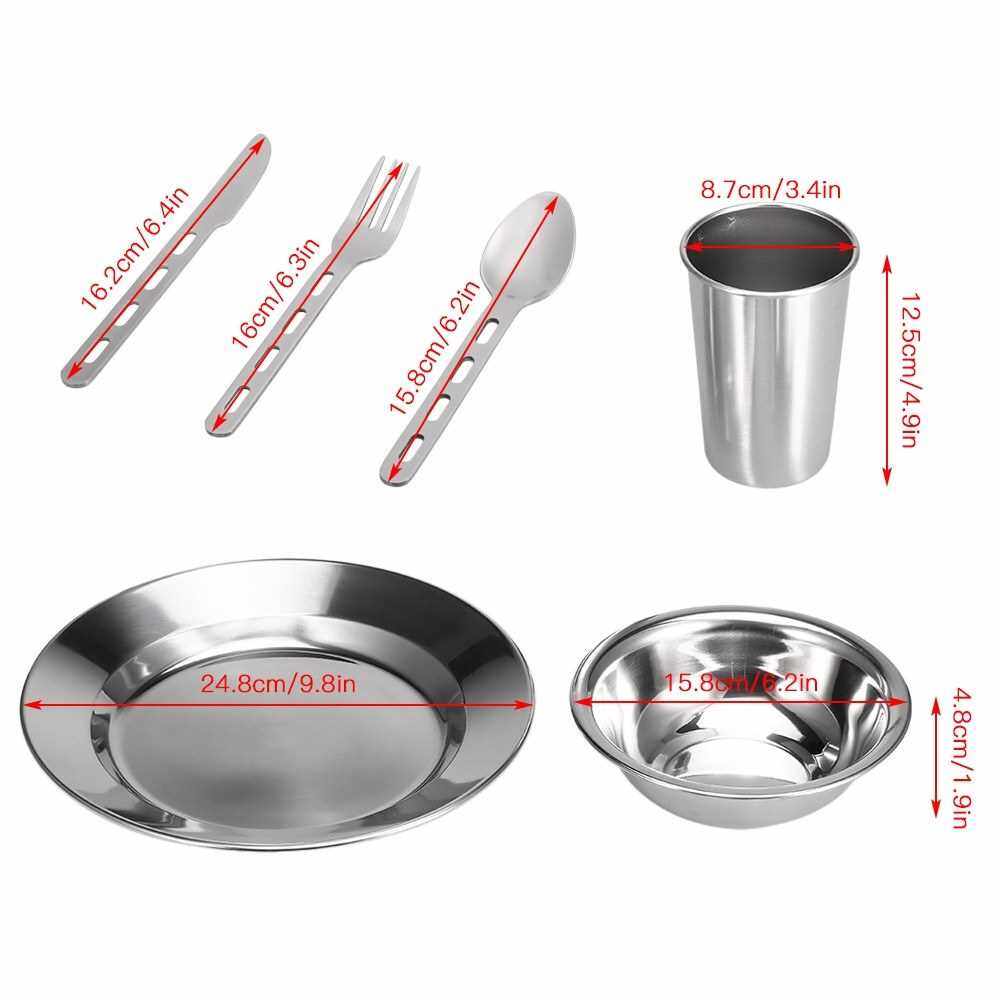 7PCS Stainless Steel 1-Person Table Set Outdoor Tableware Mess Kit Dinner Plate Bowl Cup Spoon Fork Cutter with Mesh Travel Bag for Backpacking Camping Picnic (Standard)