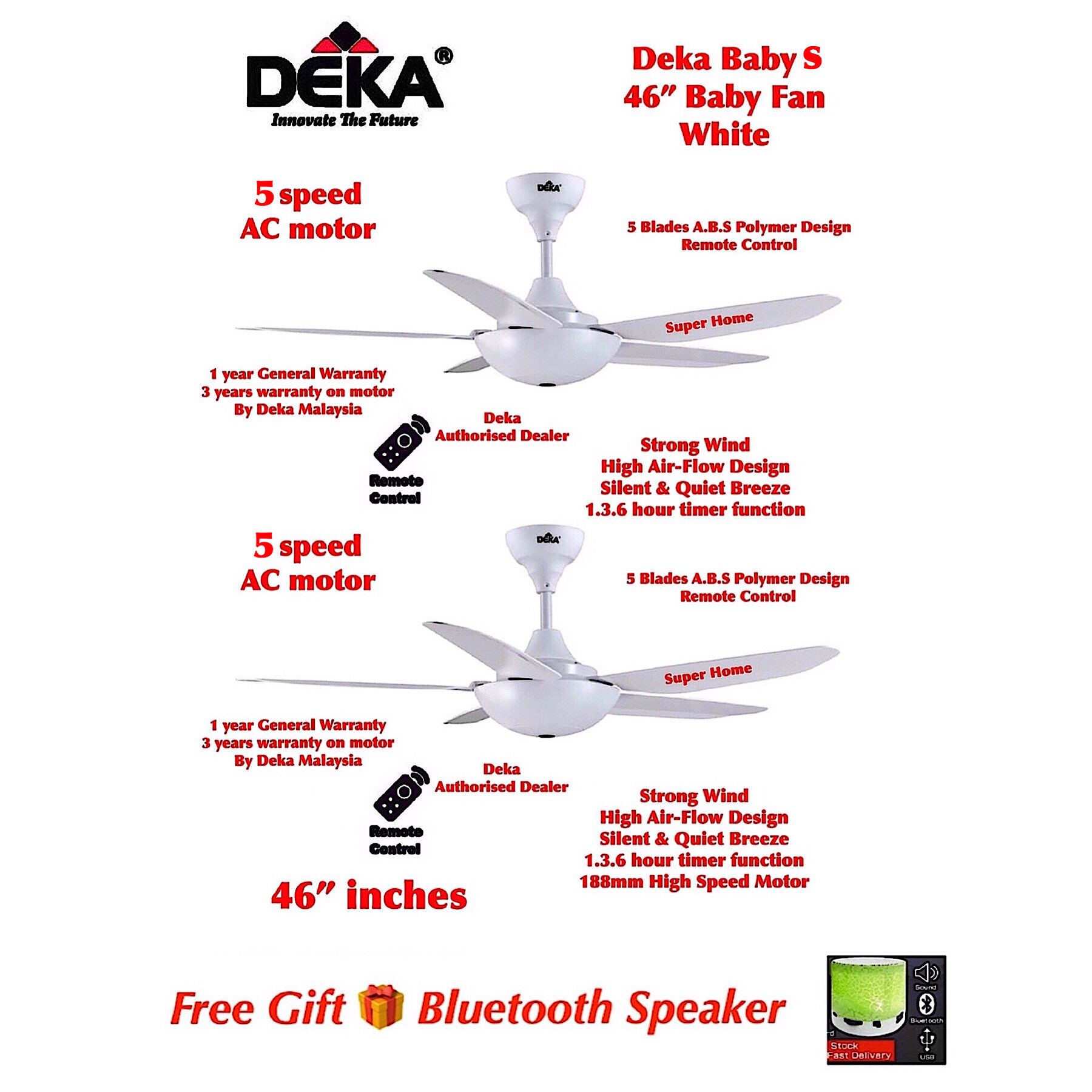 Deka Baby Fan Baby S White Remote Control 46 inches 5 Blades Baby Ceiling Fan [2 unit] + Free Gift Mini Bluetooth Speaker