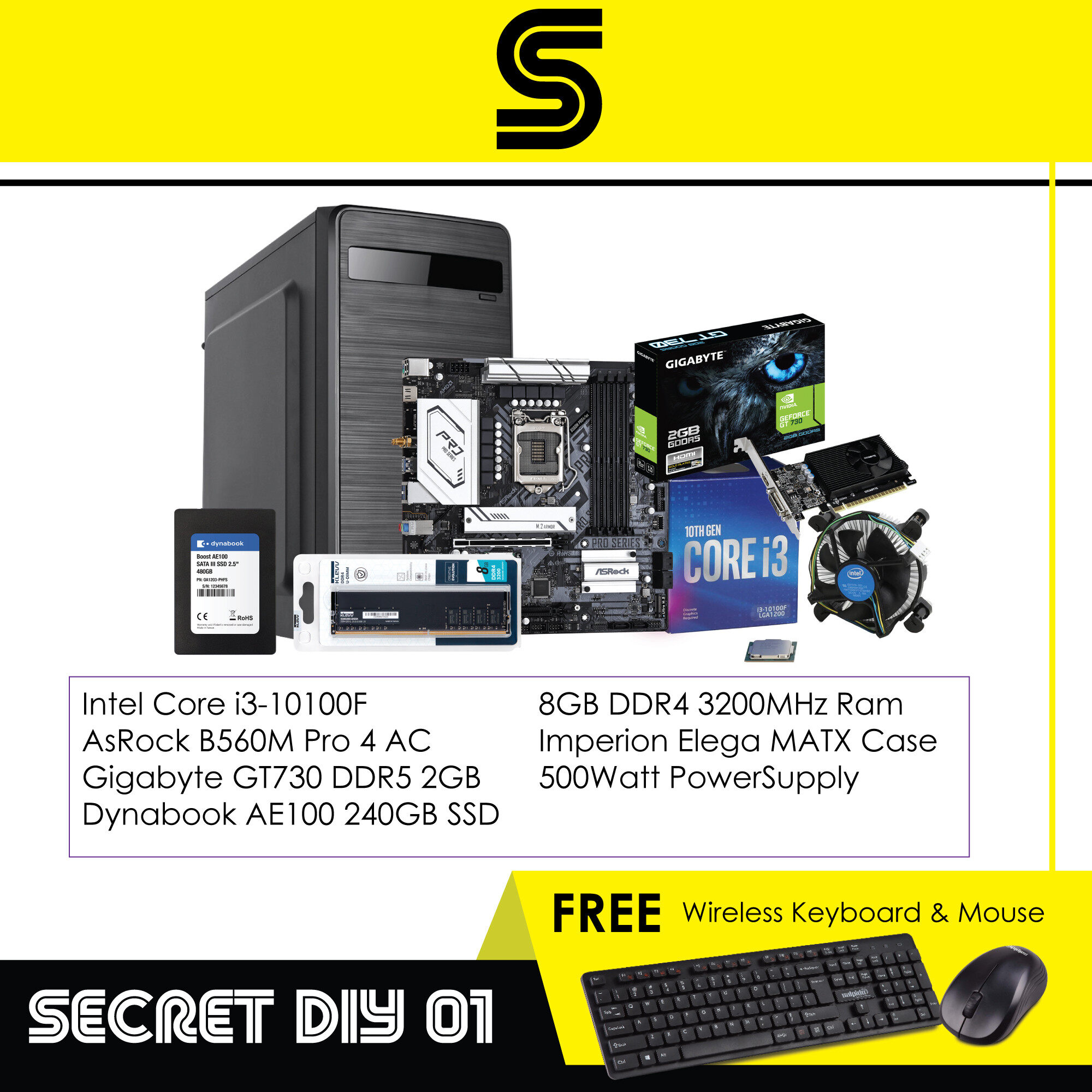Intel Secret DIY 01 PC - Intel Core i3-10100F/B560M Motherboard/GT730 2GB/8GB DDR4/240GB SSD/MATX Case/500w