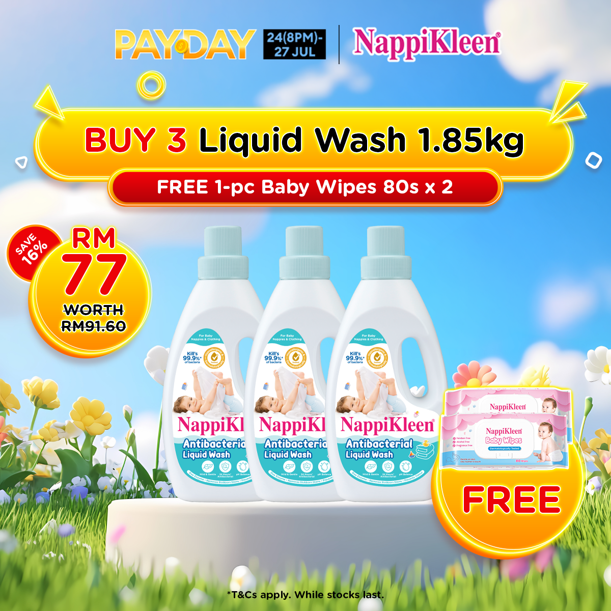 [Payday Exclusive] Nappikleen Anti-Bacterial Liquid Wash (1.85kg) x3 + Nappikleen Baby Wipes 80s x2
