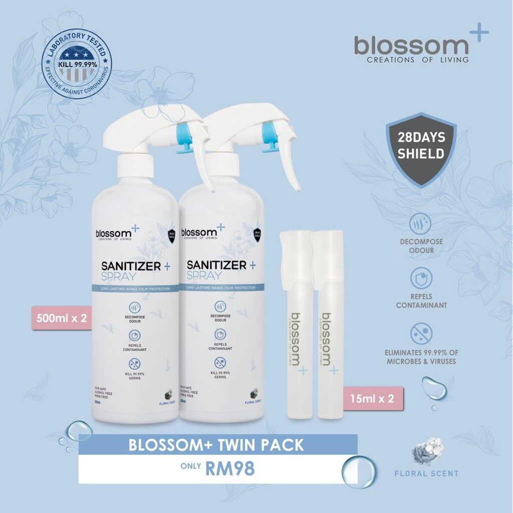 HOT & LOWEST Blossom+ Sanitizer Alcohol Free Blossom Scent Kill 99.9% Germs 消毒杀菌喷雾 Twin pack 500ml x 2 Free 15ml x 2