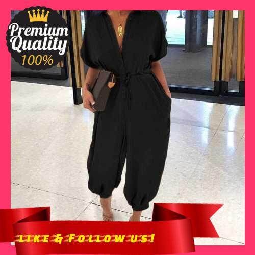 People's Choice Women Plus Size Jumpsuit Solid Leopard Printed Pockets Buttons Front Belted Waist Casual Loose Rompers S-5XL (Black)