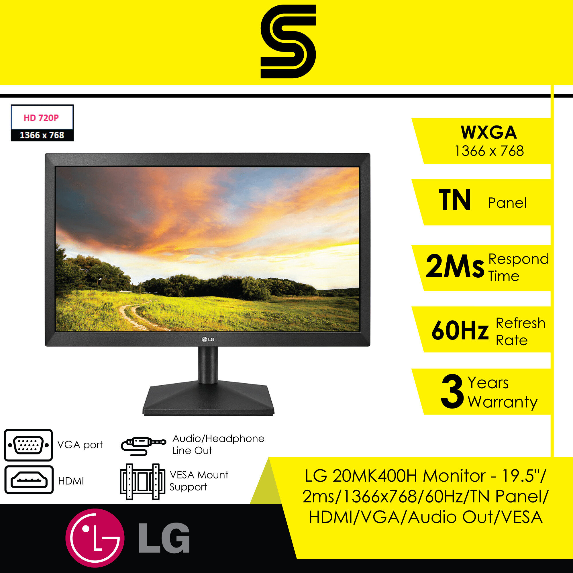 LG 20MK400H Monitor - 19.5" / 1ms / 1366x768 / 60Hz / TN Panel / HDMI / VGA / VESA