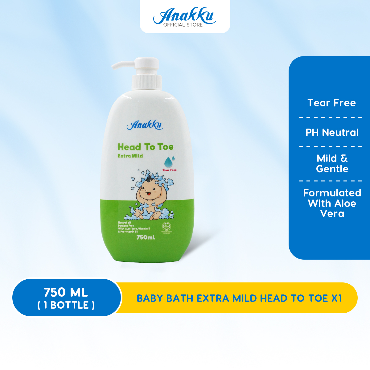 Anakku Baby Bath Extra Mild HEAD TO TOE Bodywash Sabun Madian Bayi (750ml) HTT750
