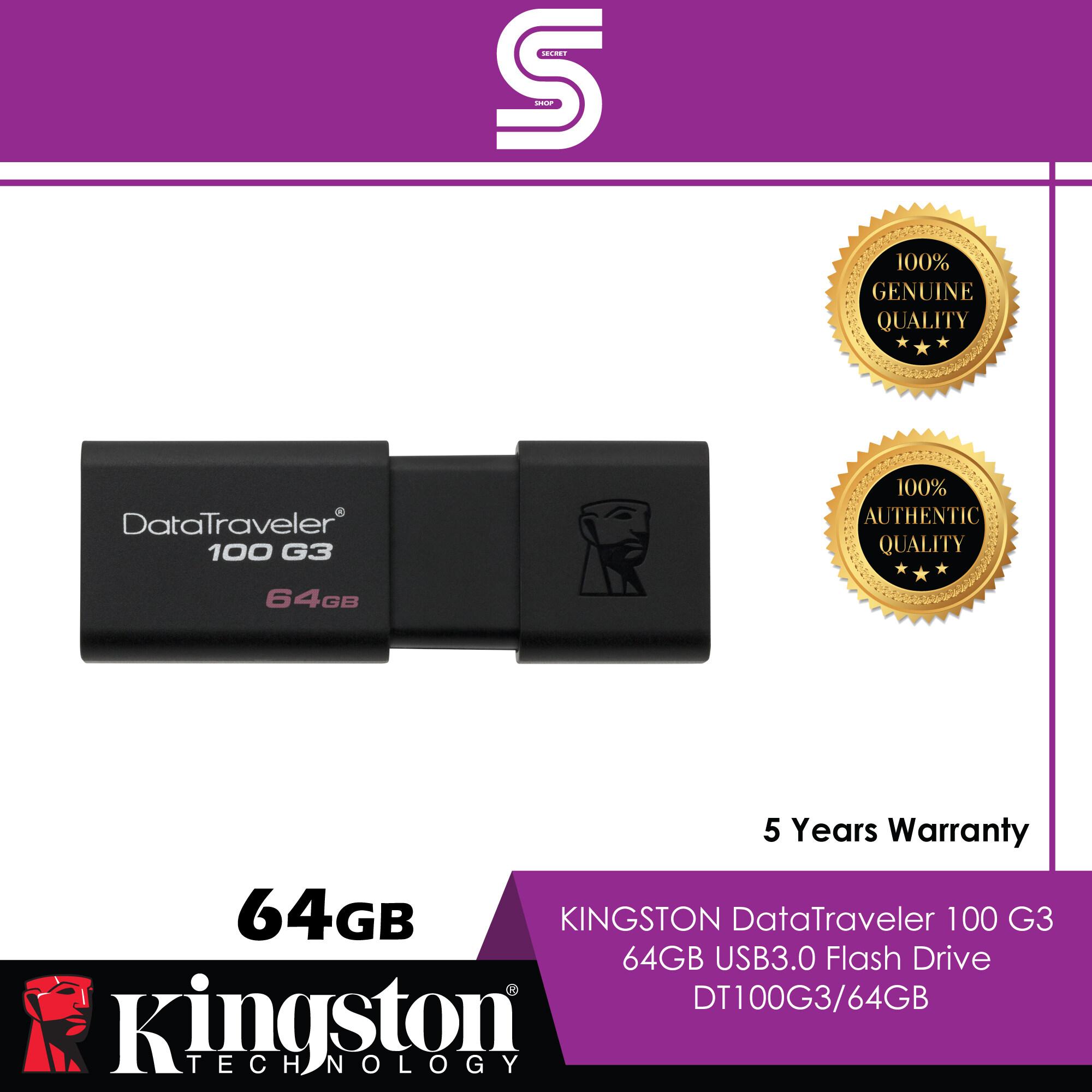 Kingston DataTraveler 100 G3 64GB USB3.0 Flash Drive - DT100G3/64GB