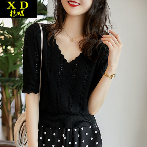 Áo gi-lê nữ ngắn khoét lỗ cổ chữ v mỏng mùa hè áo thun lụa lạnh mỏng mỏng