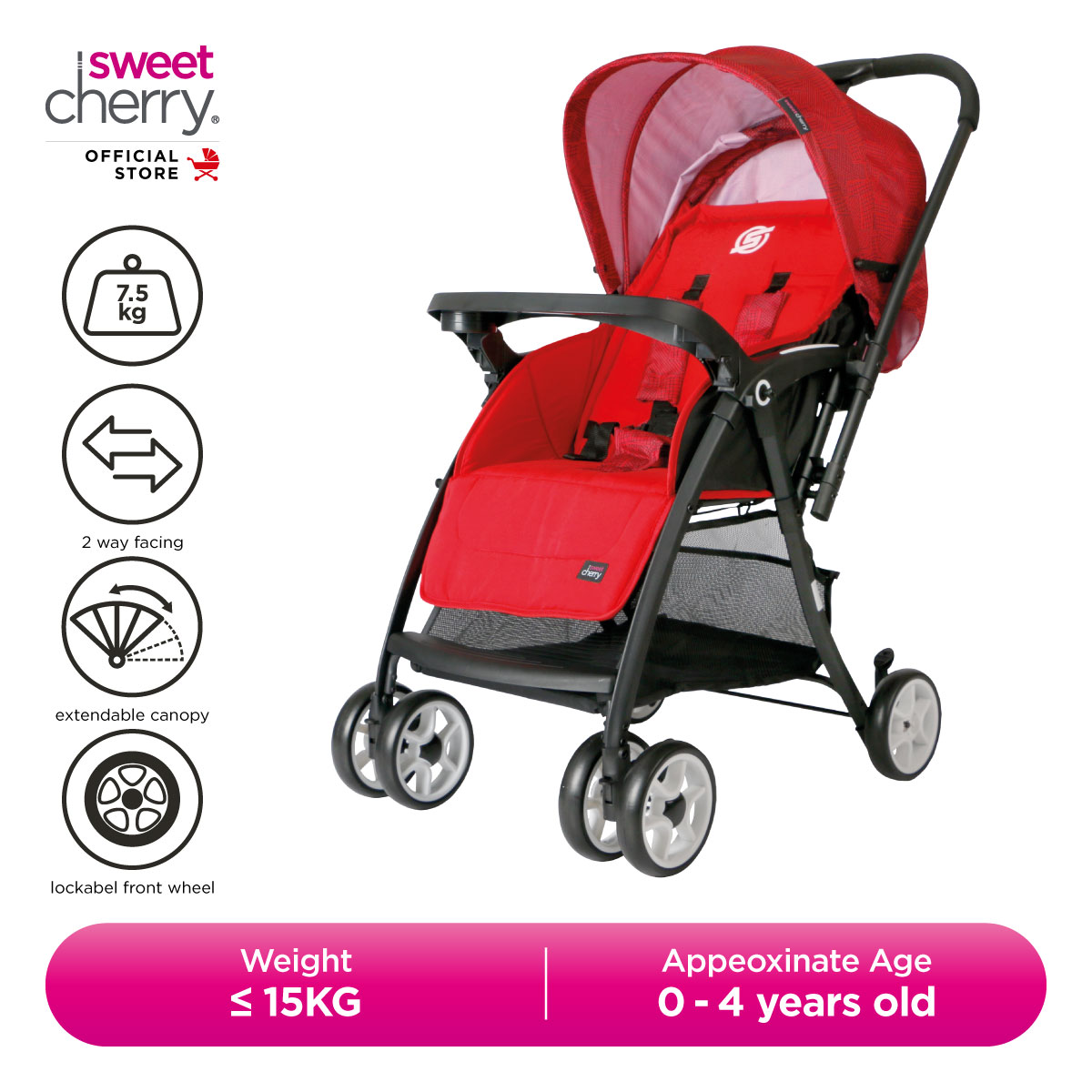Sweet Cherry Easy & Quick Folding Baby Full-Size Stroller HP712 Morris 2 Way Facing Stroller with Full Coverage Canopy