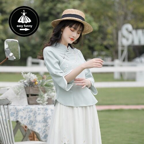 Harga EASY FUNNY Woman Plain Cheongsam Jacket Womens Short Sleeves Qipao Tops Cotton Linen Button Embroidered Ethnic Wear Terbaik Harga EASY FUNNY Woman Plain Cheongsam Jacket Womens Short Sleeves Qipao Tops Cotton Linen Button Embroidered Ethnic Wear Terbaik