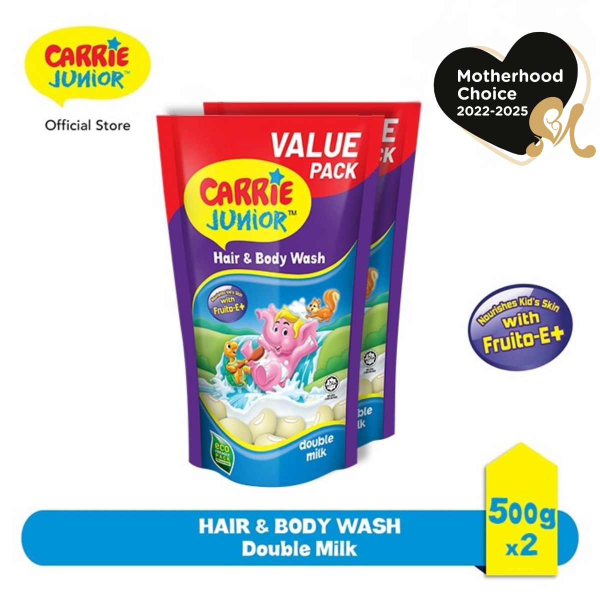 CARRIE JUNIOR Hair & Body Wash Pouch - Double Milk (500g x 2) [Twin Pack] Nourishing & Moisturising Skin | Kids Shower