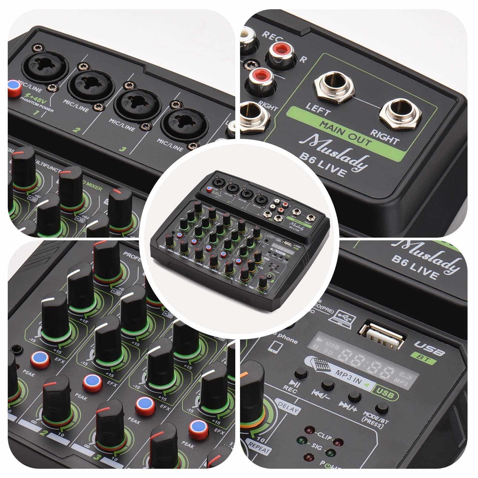 Muslady 6-Channel Audio Mixer Mixing Console LED Screen Built-in Soundcard USB BT Connection with 2-band EQ Gain Delay Repeat Control Record Live Broadcast Function with +48V Phantom Power for Karaoke Live Broadcast (Us)