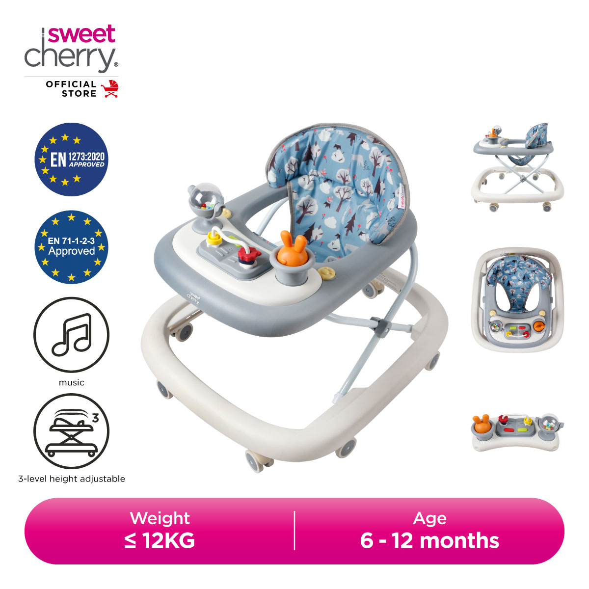 Sweet Cherry Baby Walker Adjustable Height With Music Light and Squeaky Toy WA-02 Bunny Walker