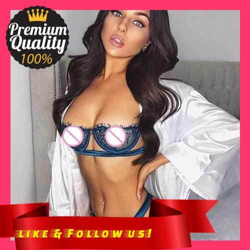 People's Choice Women Sexy Lingerie See-Through Lace Sexy Half Cup Plunge Adjusted-Straps T-Back Two Piece Bra Briefs Set Underwear Sleepwear (Blue)
