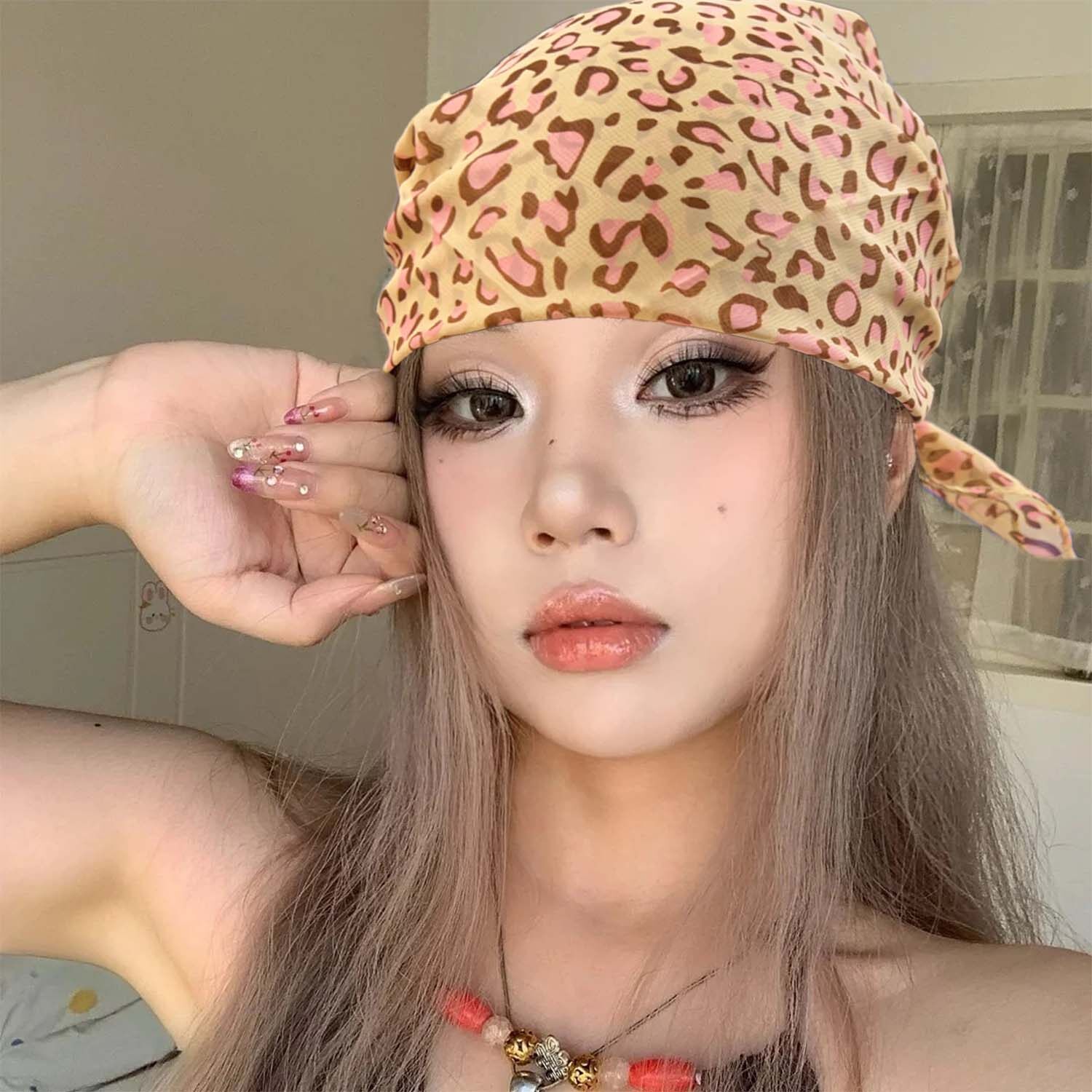 Retro Spice Girls Leopard Print Headscarf Dual Use Satin Thin Edge Scarves Leopard Print Turban Hair Scarf Hair Accessories - 6