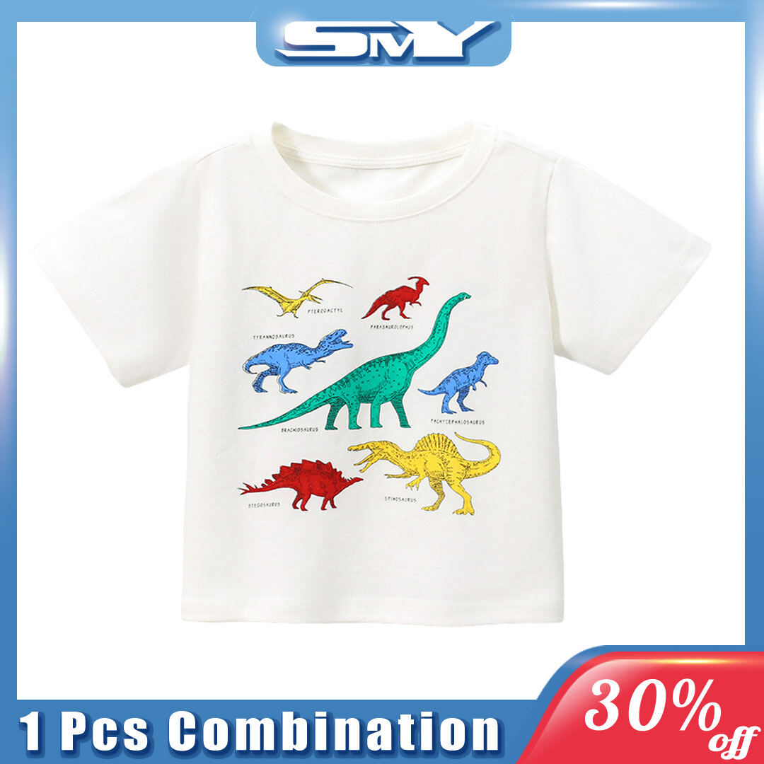 SMY แฟชั่นเด็กเสื้อยืดสีขาวไดโนเสาร์พิมพ์ผ้าฝ้ายนุ่มระบายอากาศชายแขนสั้น TEE 3-8 ปี ราคา 158 บาท*ส่งฟรี