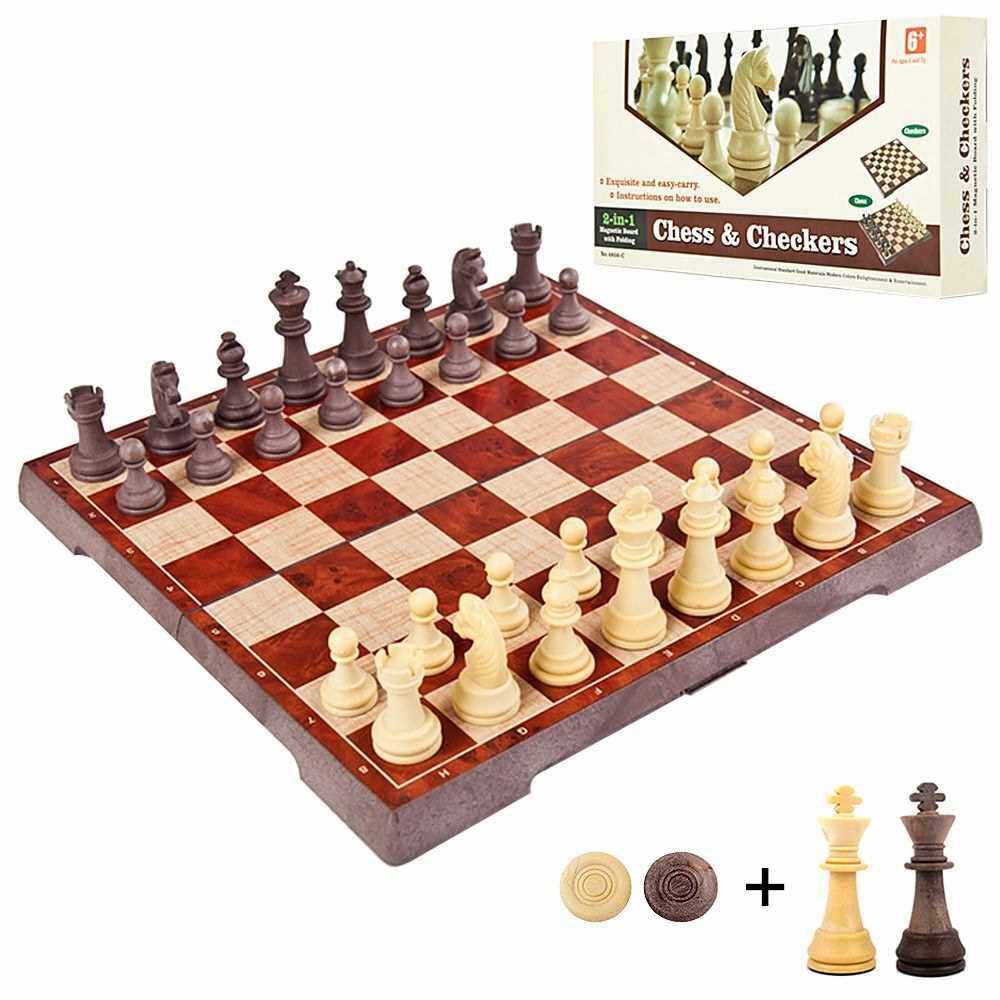 2-in-1 Magnetic Chess Set Folding Chess and Checkers Set Portable ...