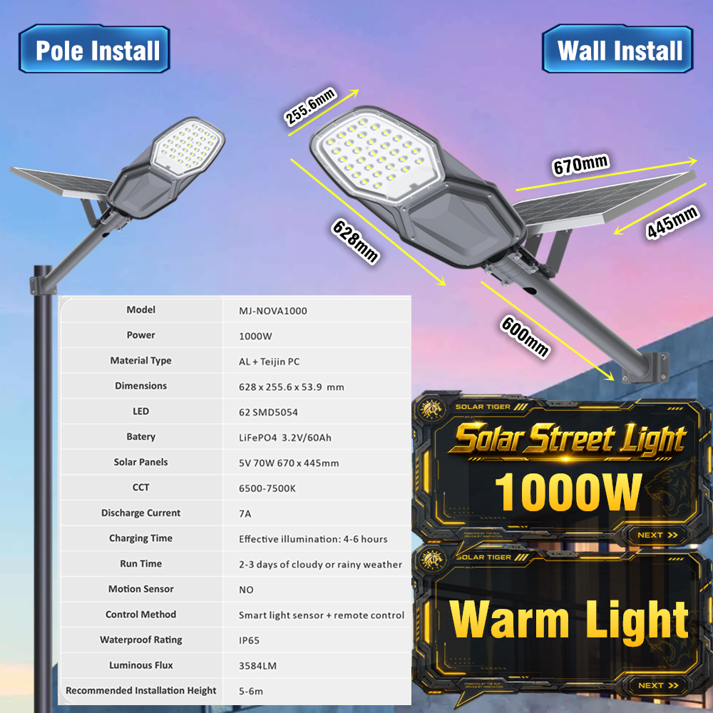 Solar Light Outdoor Lampu Solar Jalan Taman Street Light Super Bright Super Power LED Lamp Waterproof 170KW IP67 Aluminium casing Warm White