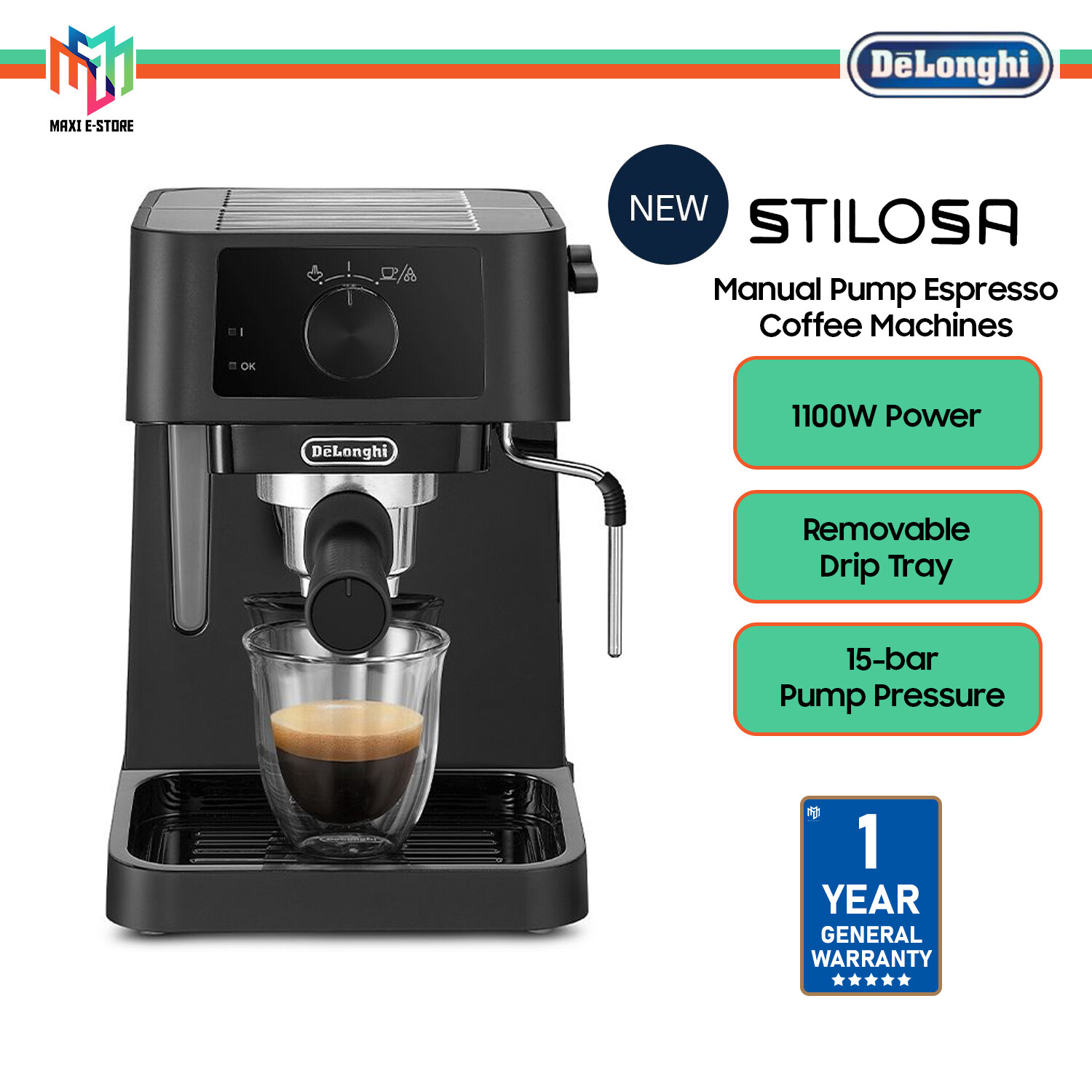 Delonghi Stilosa Coffee Machine 1100W Power 15 Bar Pump