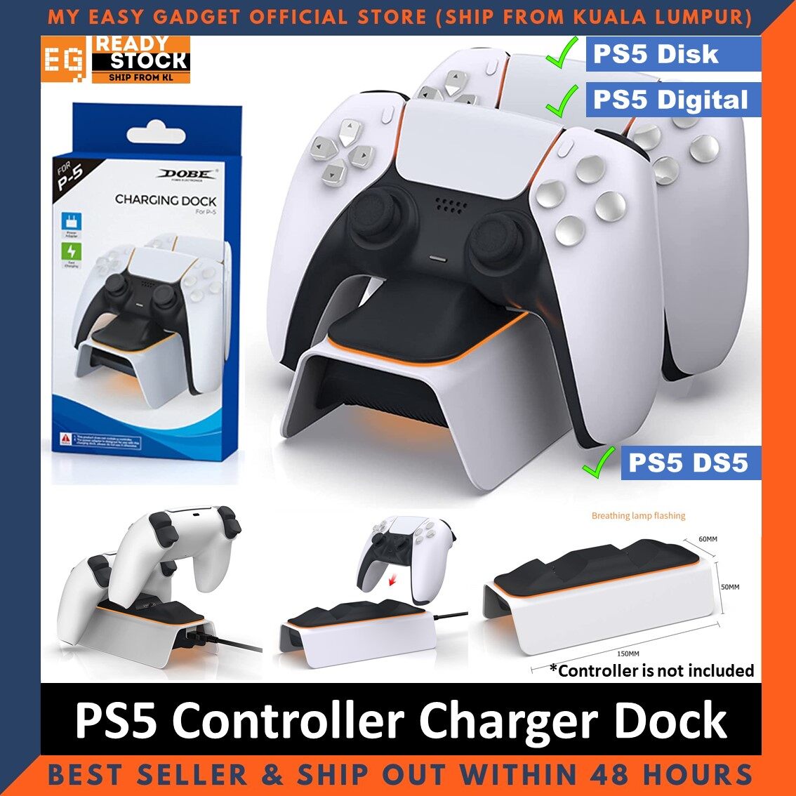 DOBE PS5 Controller Charger Dock Breathing Lamp Dual Sense Fast Charging Stand Station for PlayStation 5 TP5-0521B