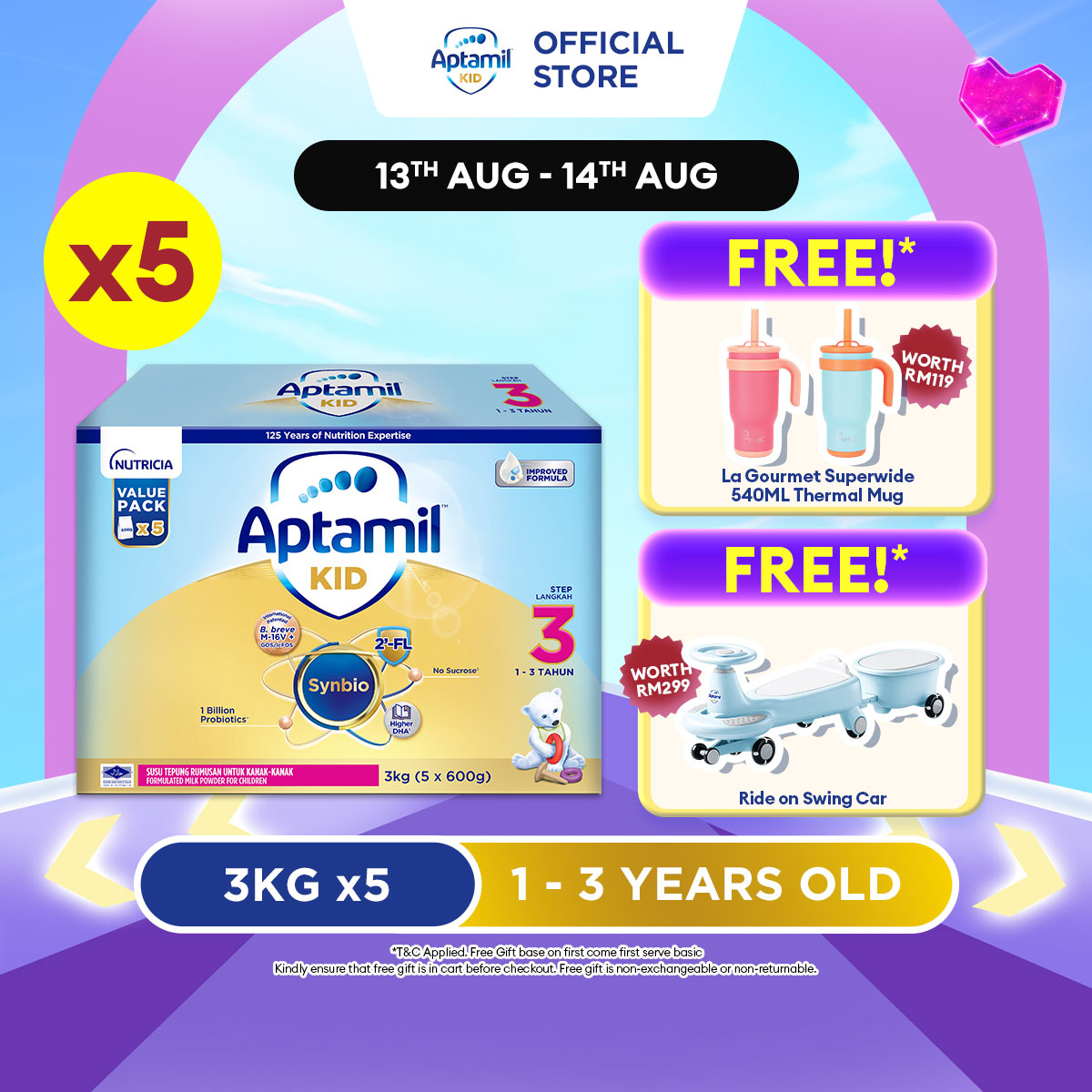 Aptamil KID Step 3 Growing Up Formula 1 - 3 years 3kg x 5 (Susu Milk Powder 奶粉)