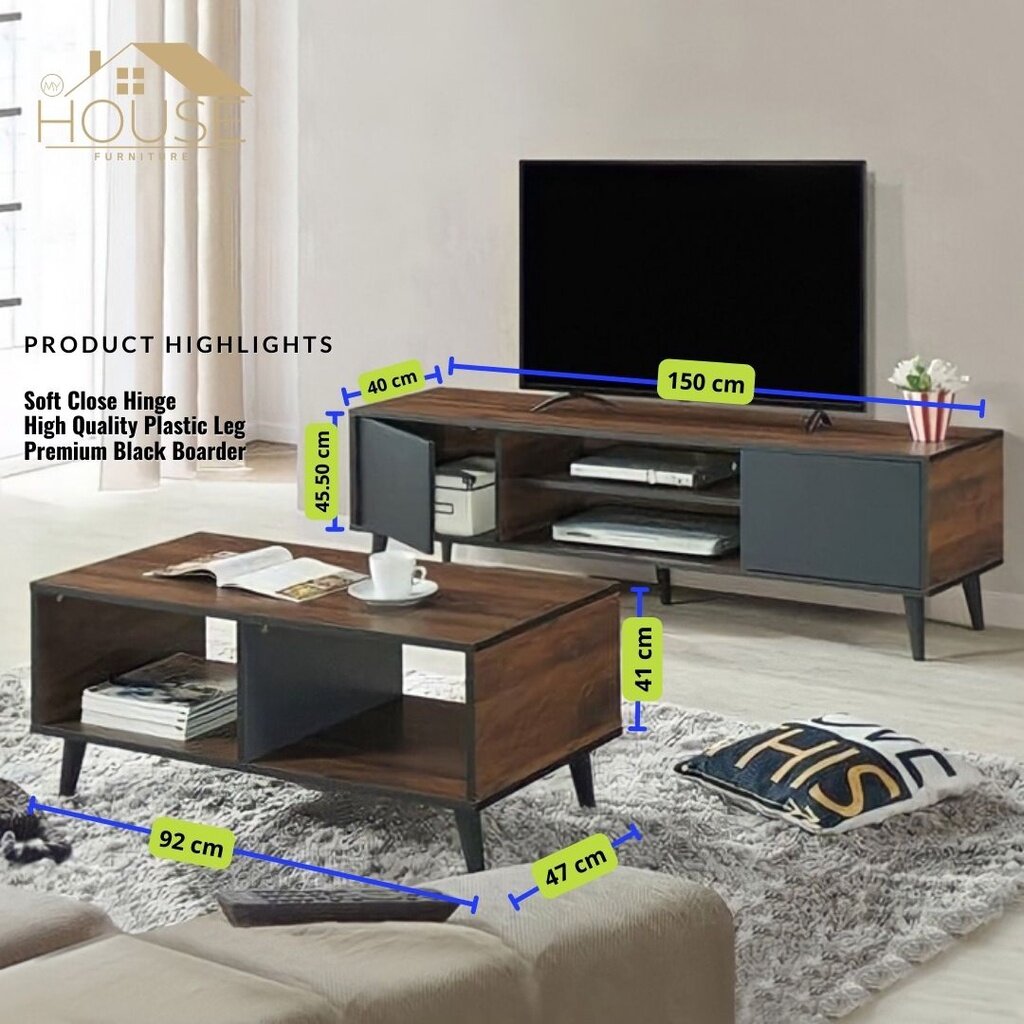 MYHOUSE Furniture TV Cabinet + Coffee Table (2 in 1) Living Room Set TV Console Set Rak TV Meja Kopi Dark Brown Color Console Table TV Set Storage Cabinet Walnut Color with leg