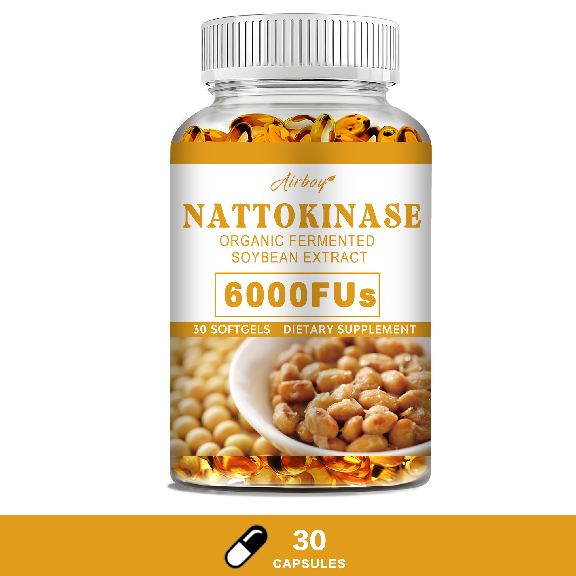 Airboy Nattokinase 6000 FUs per serving Bio-Softgels Organic Fermented Soybean Extract Supports Hear