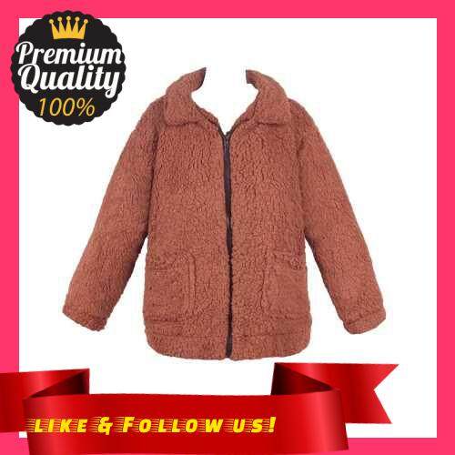 People's Choice Women Jacket Fluffy Faux Fur Solid Color Turn Down Collar Long Sleeve Zipper Pockets Casual Street Wear (Brown)
