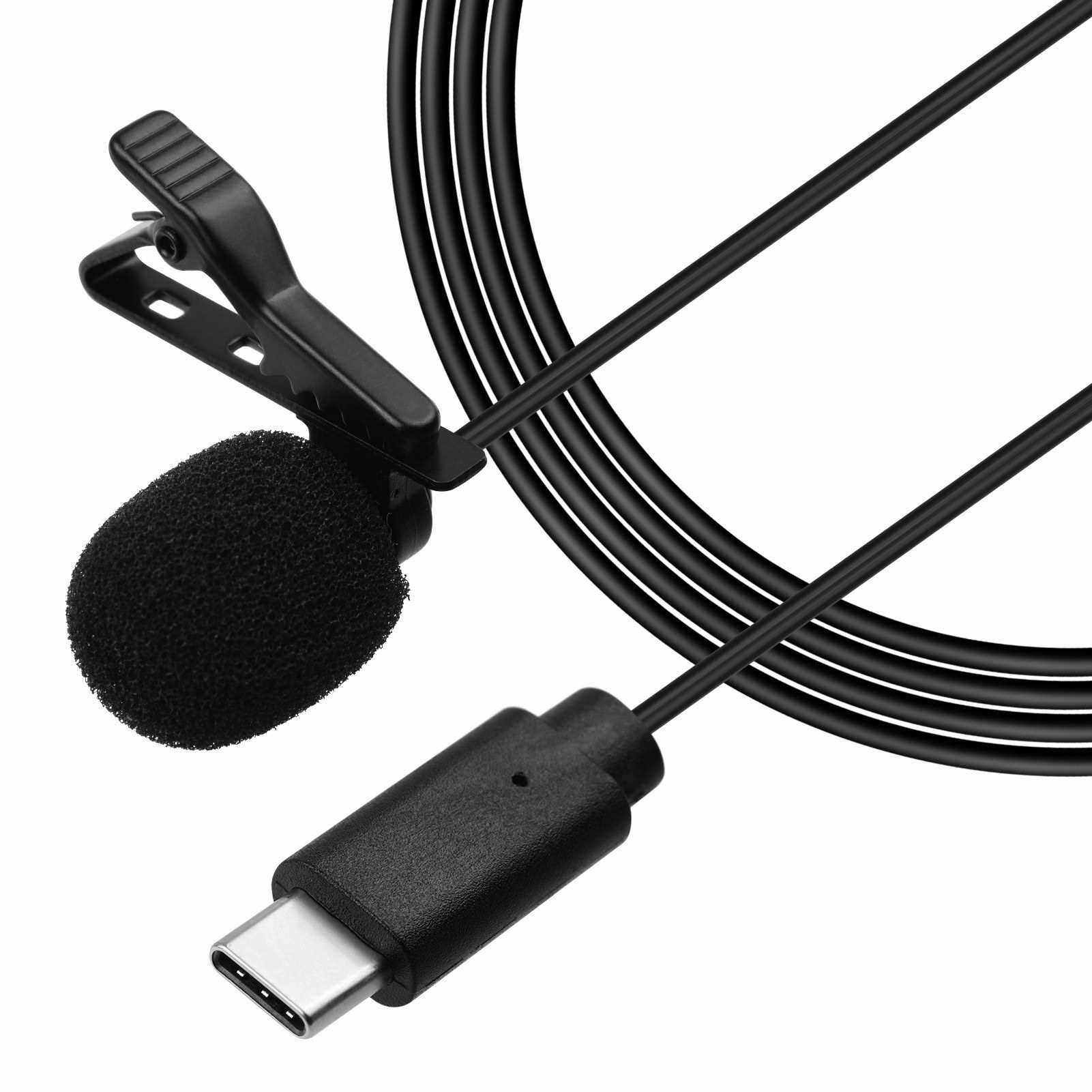 Lavalier Lapel Microphone Clip-on Omnidirectional Mic Single Head 1.5m/4.9ft Cable with Foam Windsceen Carrying Pouch for USB Type-C Interface Devices for Interview Conference Recording (Standard)