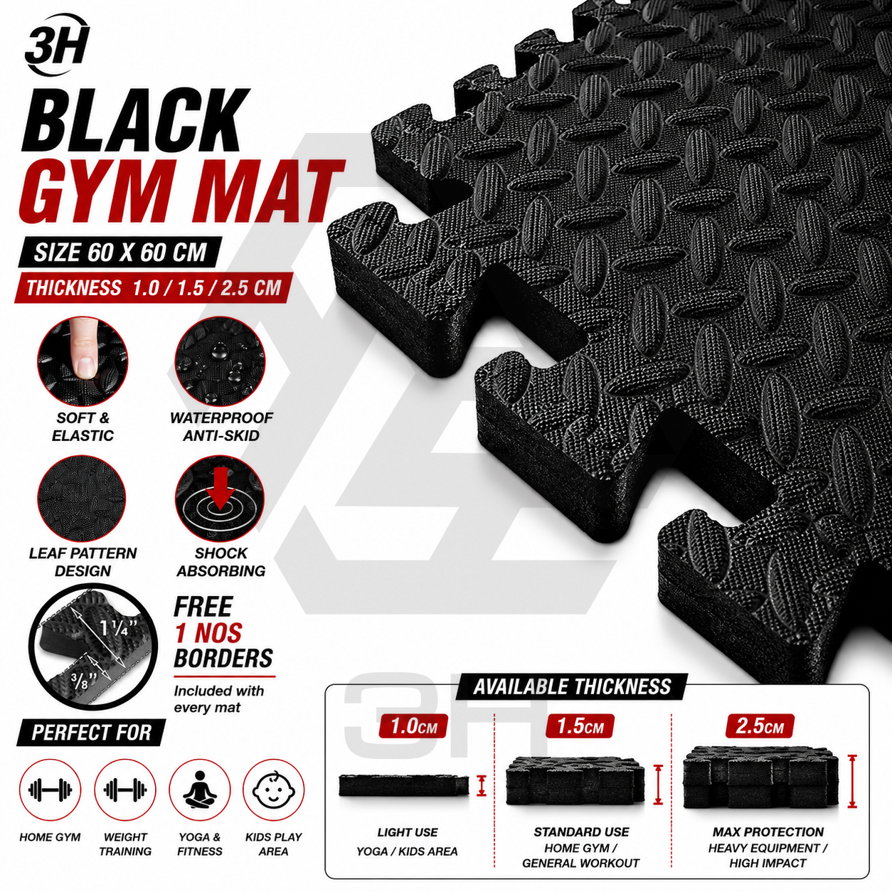 3H (60x60/30x30) Puzzle Gym Mat & Floor Mat | Playmat Exercise Yoga & Workout