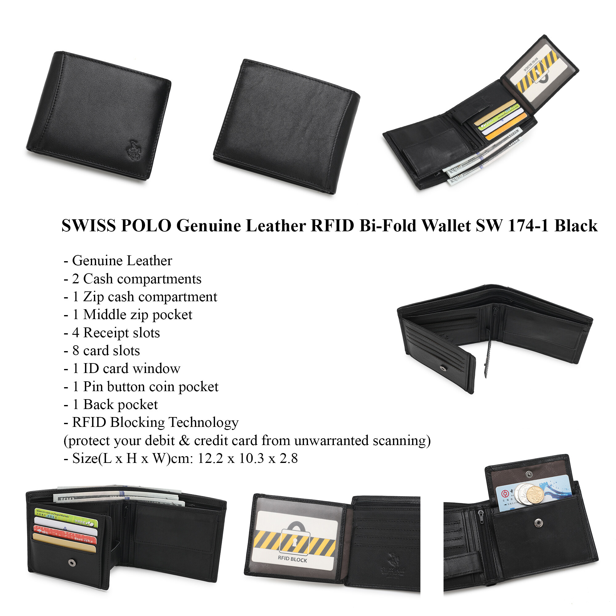 SWISS POLO Genuine Leather RFID Short Wallet SW 174-1 BLACK