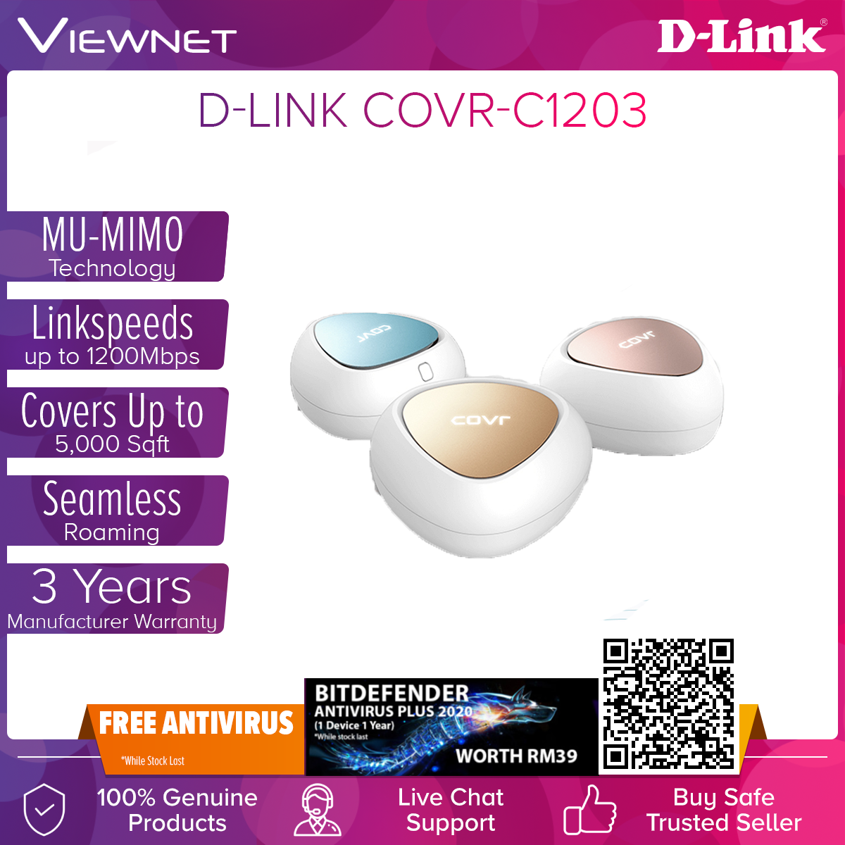 D-Link COVR-C1203 Mesh WiFi Network System Gigabit Dual Band Wave 2 Whole Home Wireless Wi-Fi Router