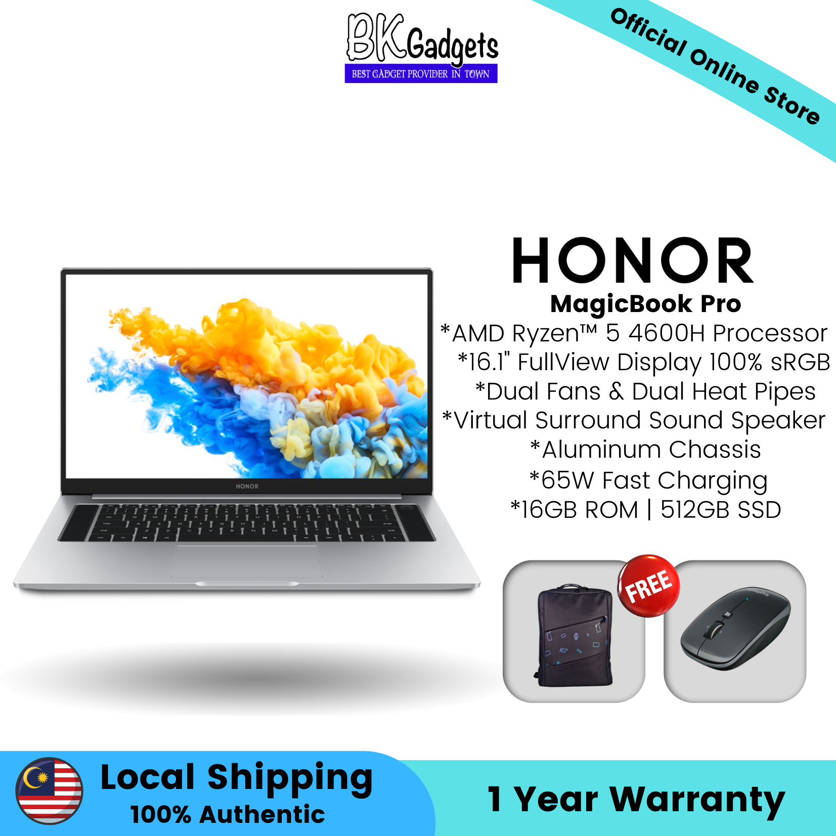 Honor MagicBook Pro (16GB + 512GB) - 16.1Inch FullView Display | Dual Fans & Dual Heat Pipes | 65W Fast Charging