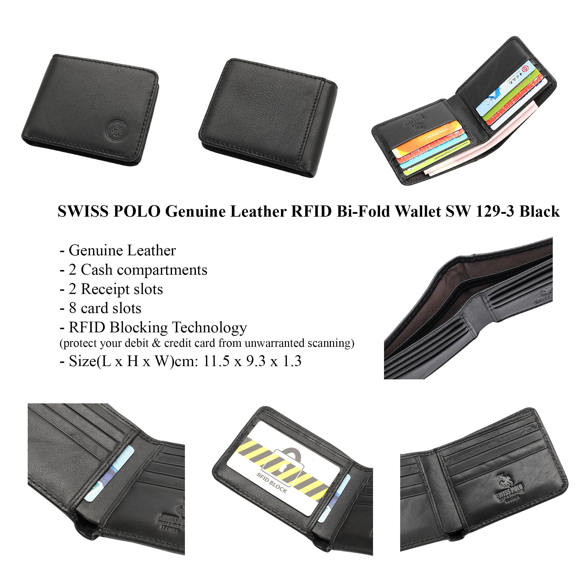 SWISS POLO Genuine Leather RFID Short Wallet SW 129-3 BLACK