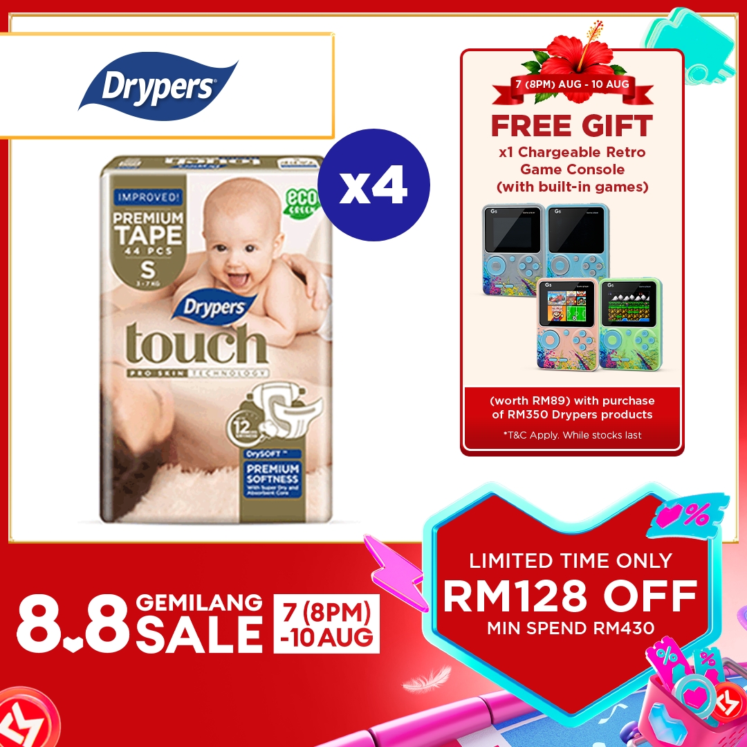 Drypers Touch Baby Tape Diapers S44/ M40/ L34 (4 Packs) - Super Soft & 12hr Dryness