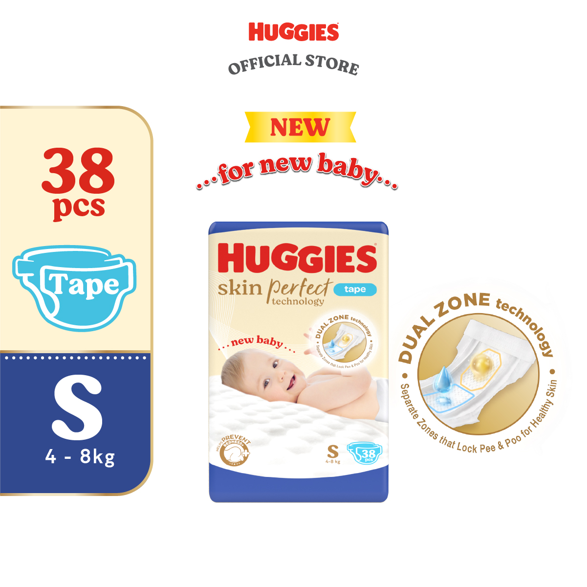 Huggies Skin Perfect Diaper NB40/S38/M46/L44/XL42/XXL38 (1 Pack) - Dual Zone Liner Separate Baby Pee & Poo