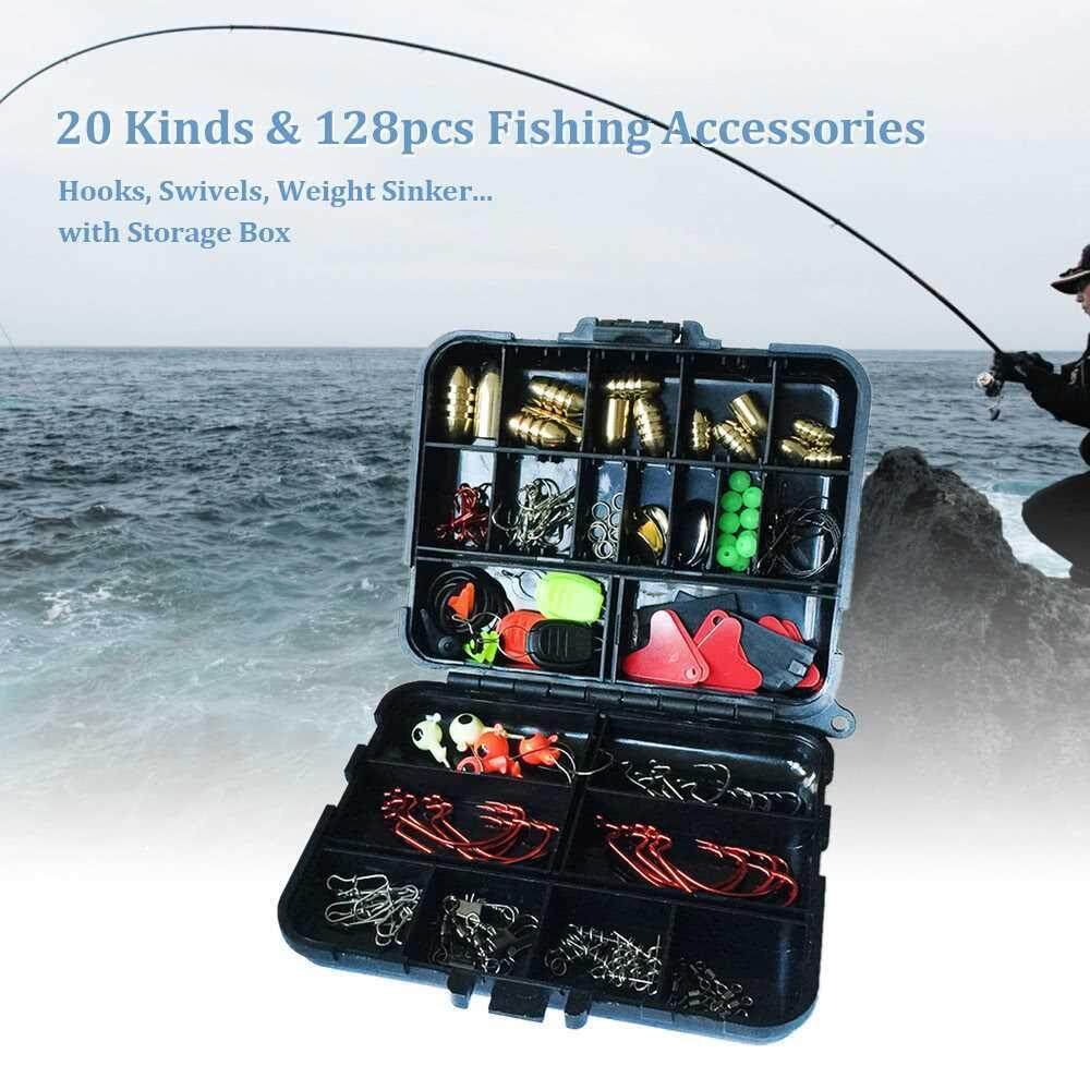 20 Kinds 128pcs Fishing Accessories Hooks Fishing Swivels Weight Fishing Sinker with Storage Box (black red)