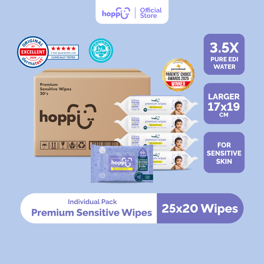 [Carton] Hoppi Premium Sensitive Wipes [German Dermatologically Tested] with Halal Certified (20 Wipes x 25 Packs)