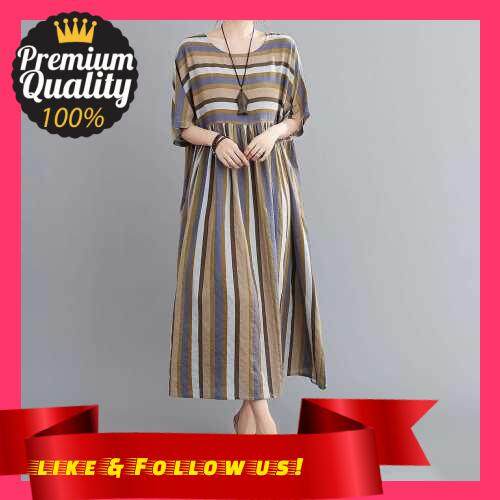 People\'s Choice Vintage Women Cotton Linen Dress Striped Print O Neck Half Sleeve Pocket Loose Casual Dress (Khaki)