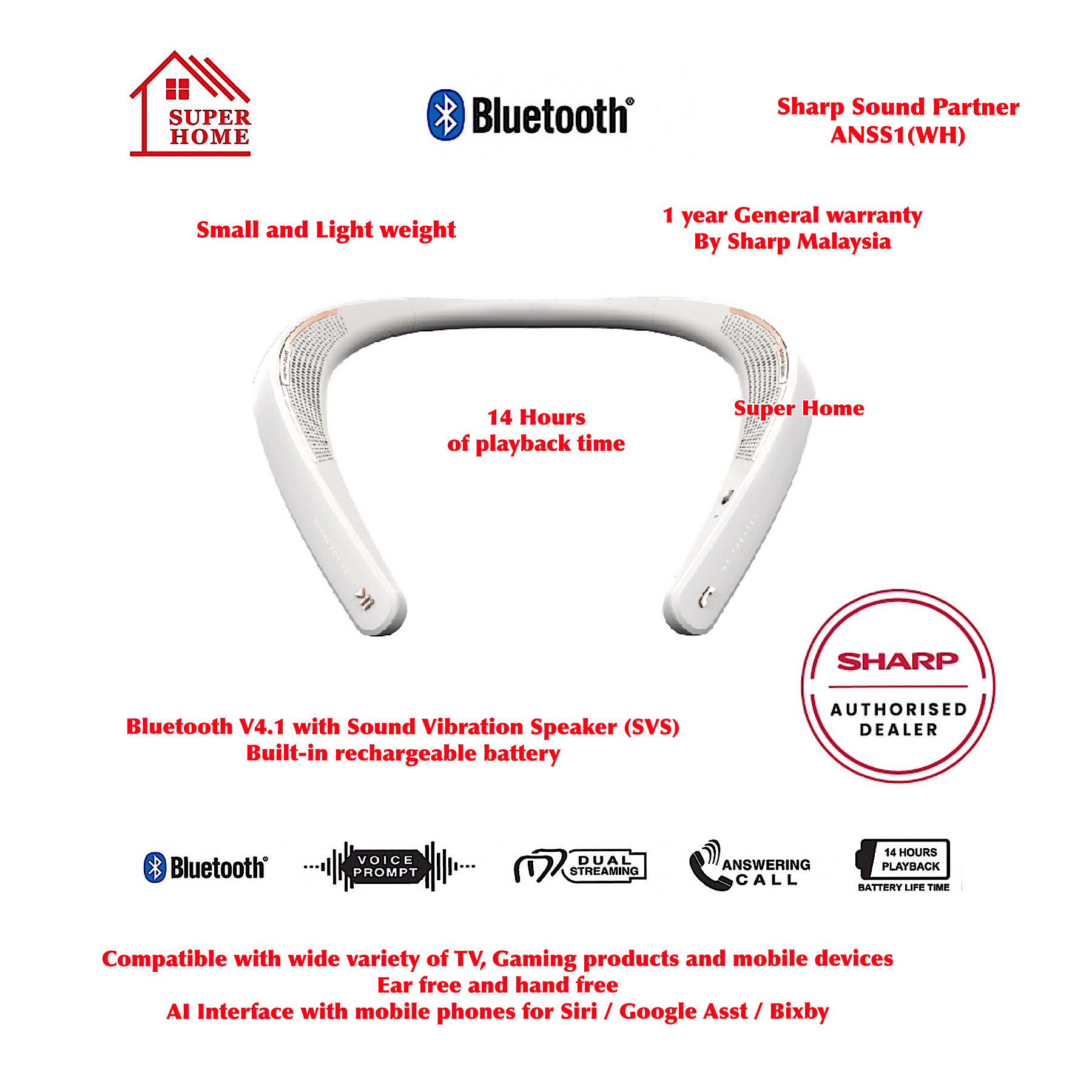 Sharp Bluetooth Sound Partner ANSS1 (WH) - White