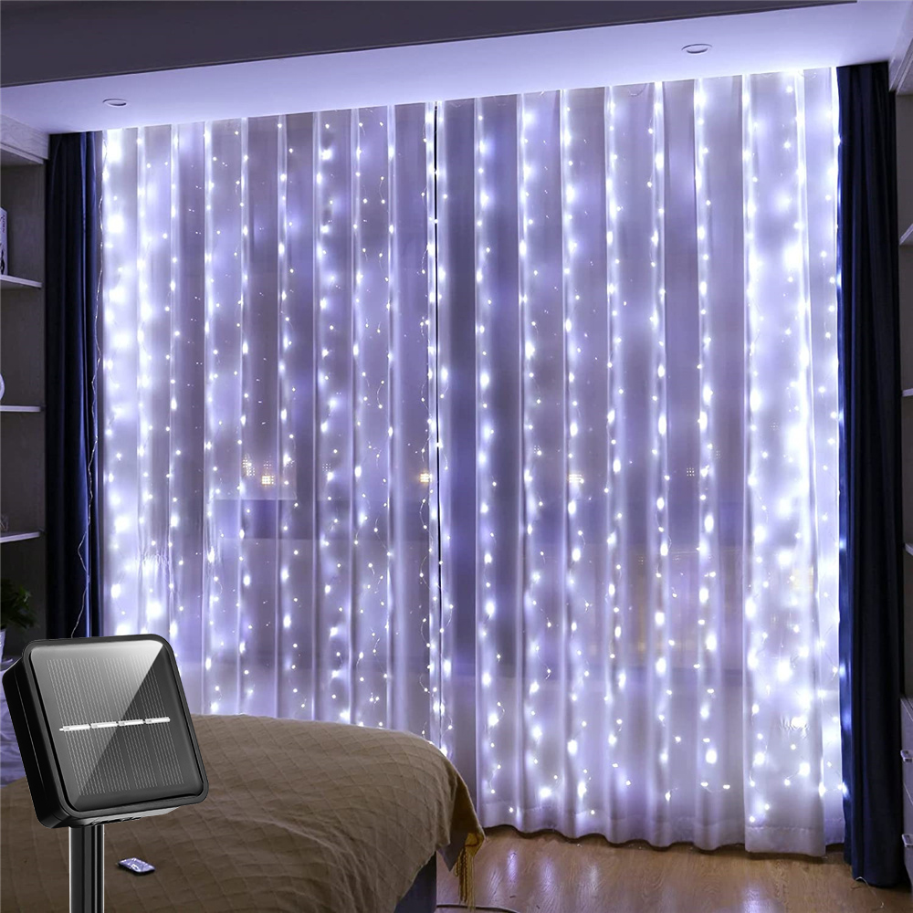 Outdoor solar silver curtain light with 8 modes 300LED 200LED 100LED waterproof Christmas light Fairy LightsRamadan Lampu wedding holiday birthday xmasbedroom window party courtyard garden decoration light string