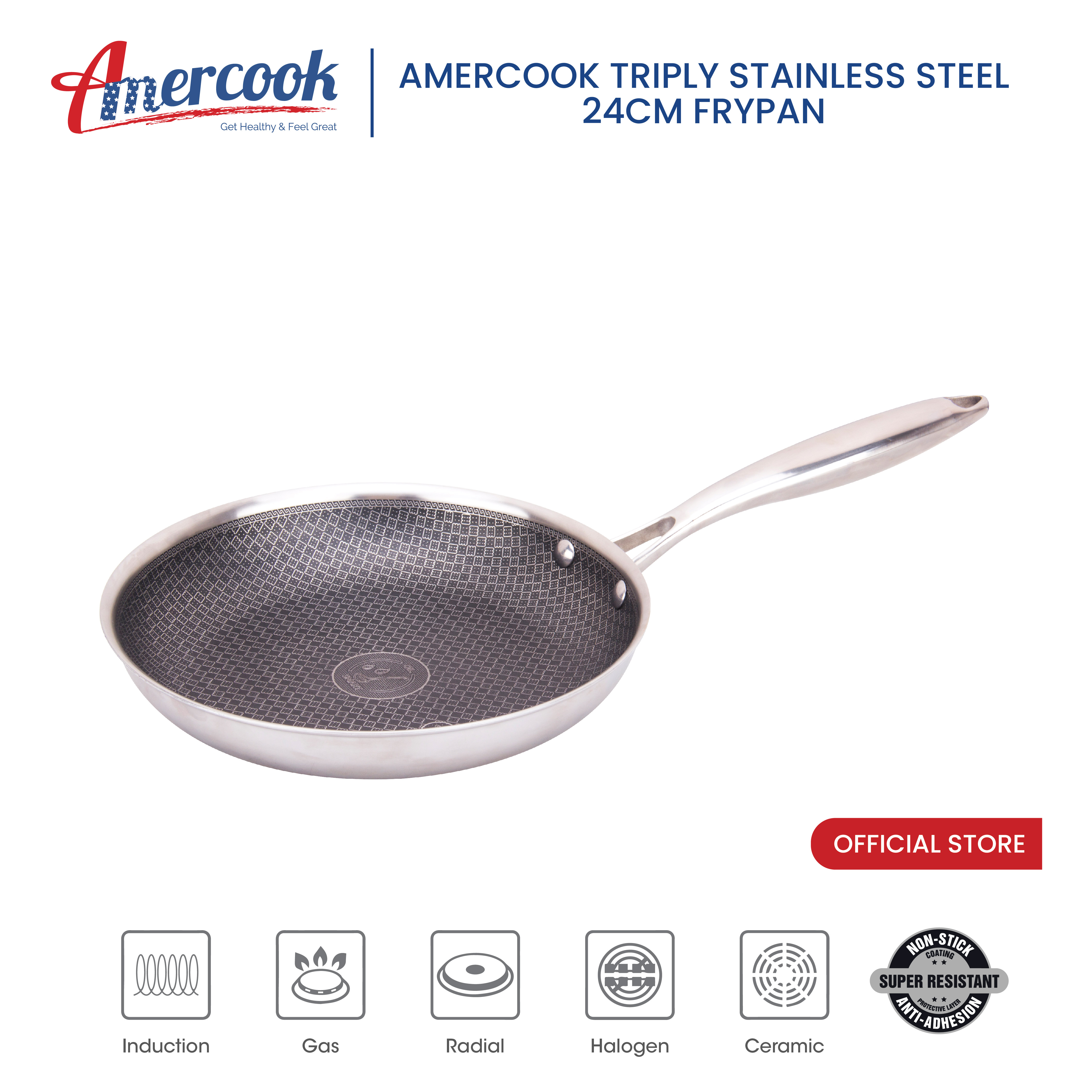 AMERCOOK TRIPLY STAINLESS STEEL 24CM FRY PAN - ARST-0124