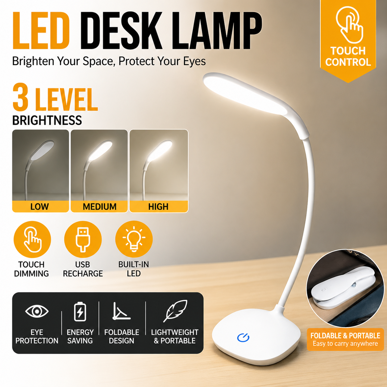 Led Foldable Table Lamp Lampu Meja 3 Mode Dimmable Touch Sensor Eye Protection Student Study Lamp Desk Lamp